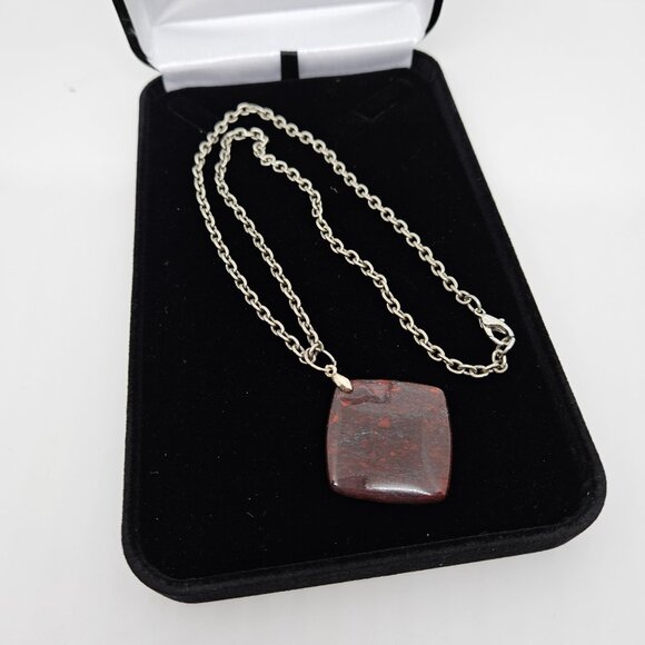 Reddish Mahagony Colored Pendant Necklace Silver Tone Chain - Picture 4 of 8